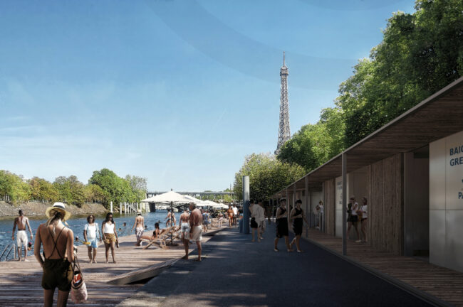 Vue de baigneurs en bord de Seine à Paris